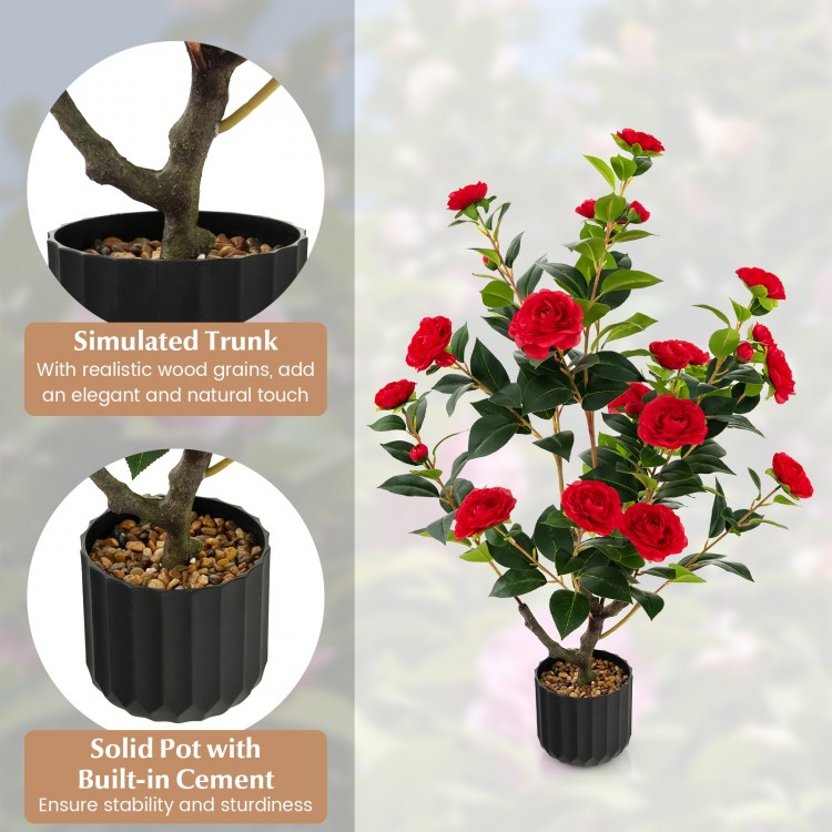38-inch artificial camellia tree with red flowers in a solid cement pot, perfect for year-round decoration.