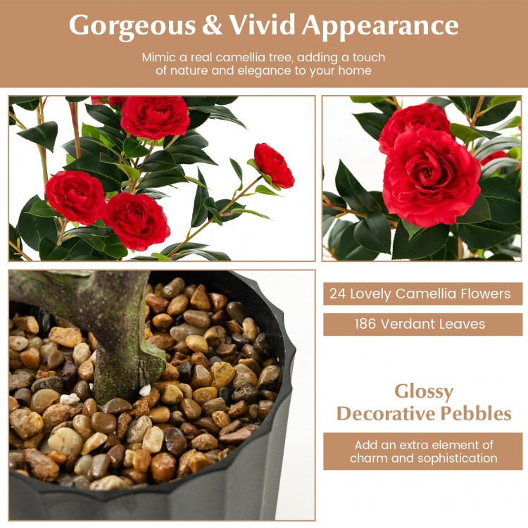 38-inch artificial camellia tree with red silk flowers and glossy pebbles, perfect for year-round home decoration.