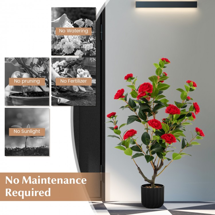 38-inch artificial camellia tree with red flowers in a cement pot, requiring no maintenance for year-round decor.