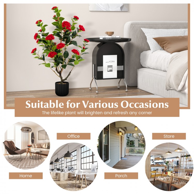 38-inch artificial camellia tree in cement pot with vibrant red flowers, perfect for home or office decoration.
