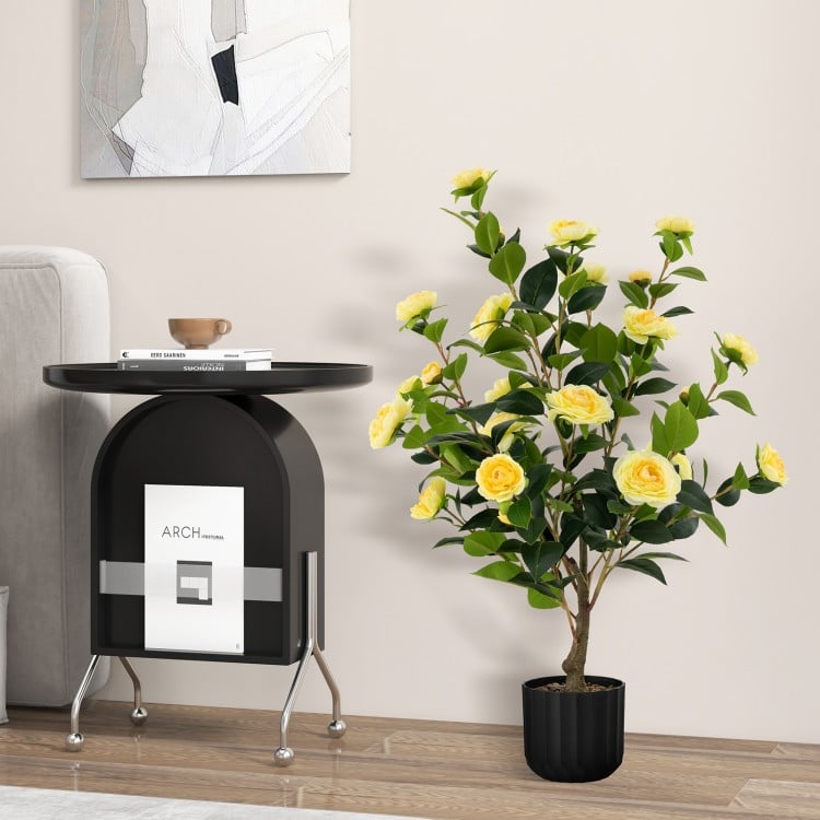 38-inch artificial camellia tree with yellow flowers in a cement pot, perfect for year-round home decoration.