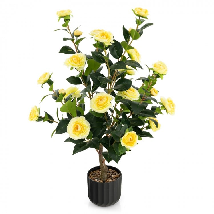 38-inch artificial camellia tree with yellow flowers and durable PE trunk, perfect for year-round indoor decoration.