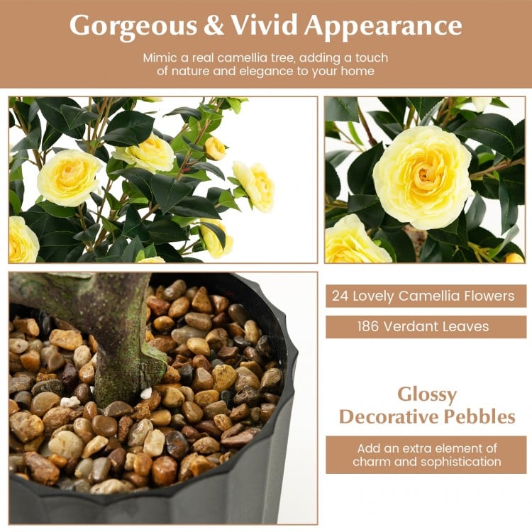 38-inch artificial camellia tree with 24 yellow flowers and glossy pebbles in a cement pot, perfect for year-round.