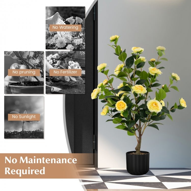 38-inch artificial camellia tree in cement pot with yellow flowers, requires no maintenance, perfect for year-round.