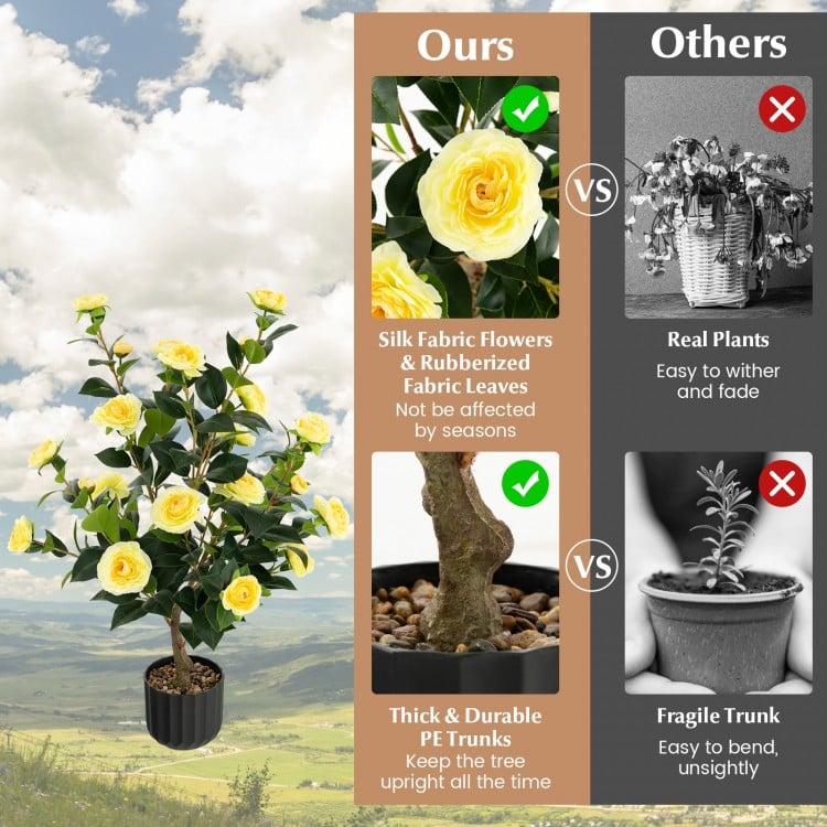 38-inch artificial camellia tree with vibrant yellow flowers and durable PE trunk, perfect for year-round decoration.