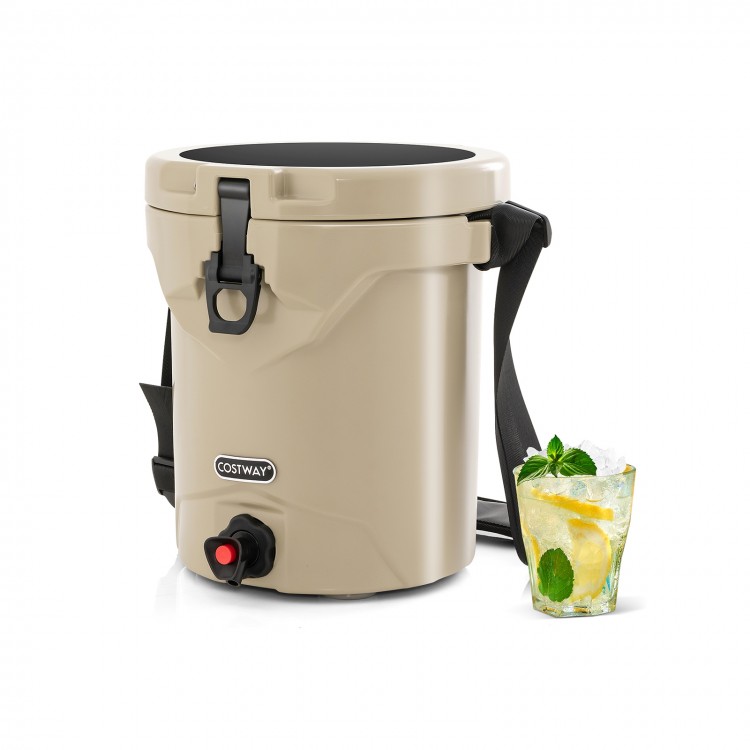 10QT beige drink cooler with spigot, flip lid, and adjustable strap, ideal for outdoor events and beverage storage.