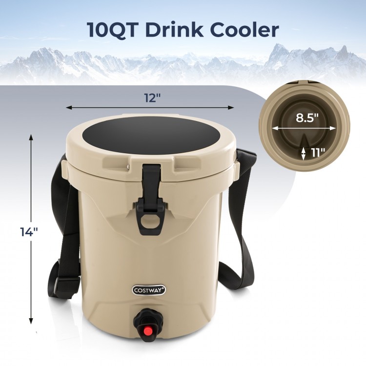 10QT beige drink cooler with spigot, adjustable strap, and flat seat lid, ideal for outdoor events and beverage storage.