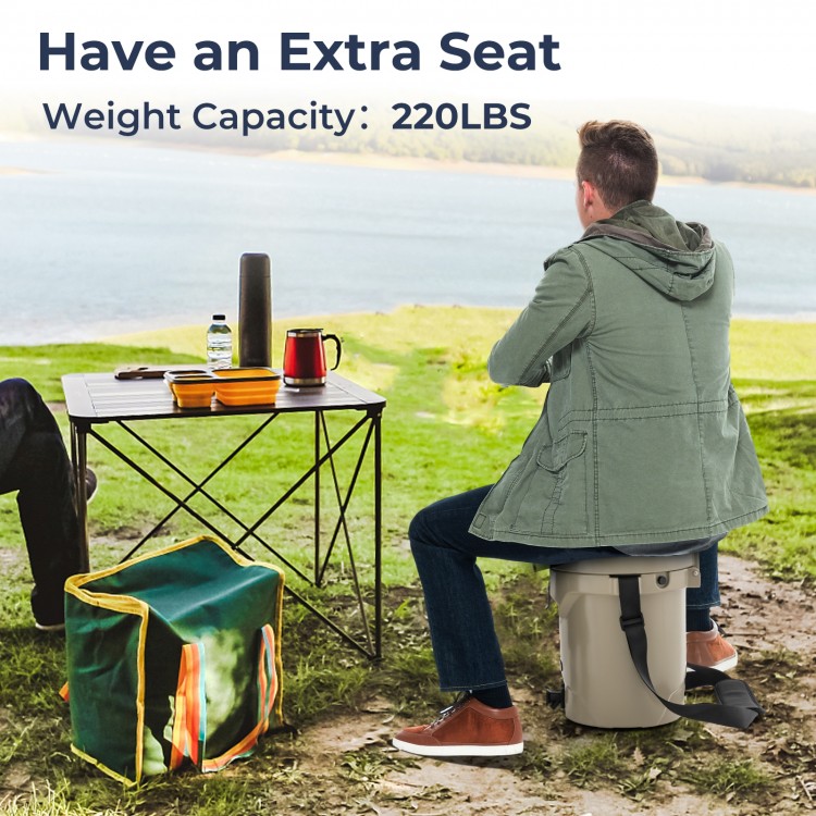 Insulated 10QT drink cooler with flat seat lid, adjustable strap, and 220 lbs capacity for outdoor use.