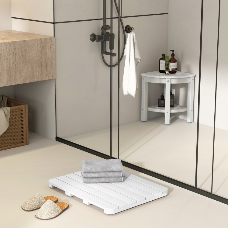Waterproof HIPS bath spa shower mat in white with slatted design, anti-slip foot pads, ideal for indoor and outdoor use.