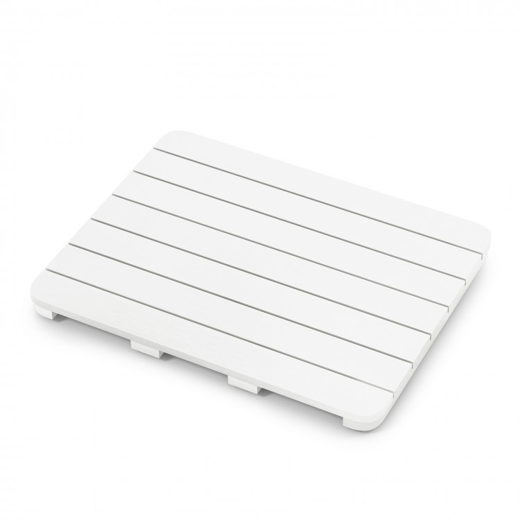 White waterproof HIPS bath spa shower mat with slatted design and non-slip foot pads for indoor and outdoor use.