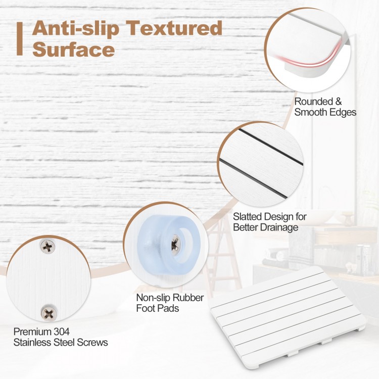 White waterproof HIPS bath spa shower mat with anti-slip foot pads, slatted design for quick drying and safety features.