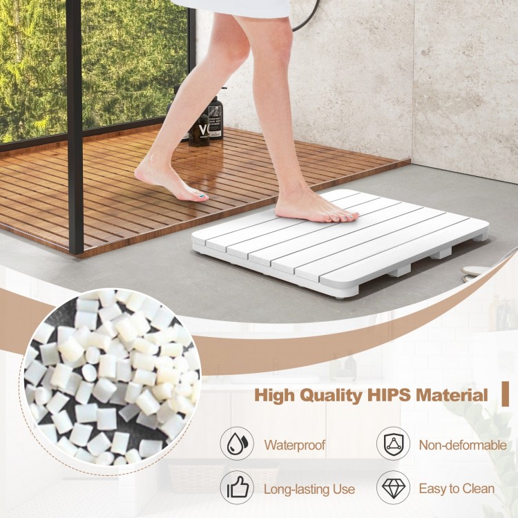 White waterproof HIPS bath spa shower mat with slatted design and anti-slip foot pads for indoor and outdoor use.