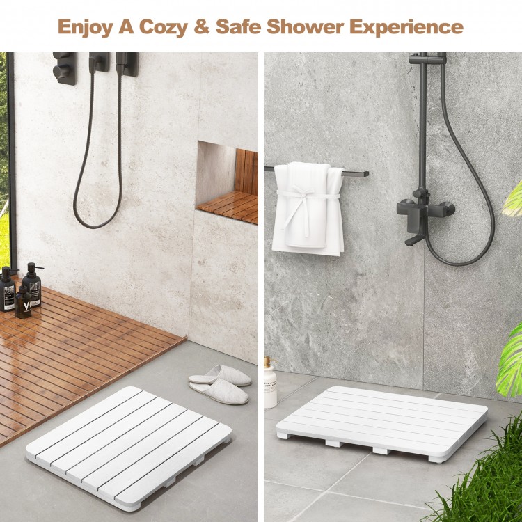 White waterproof HIPS bath spa shower mat with slatted design and non-slip foot pads for safe indoor and outdoor use.