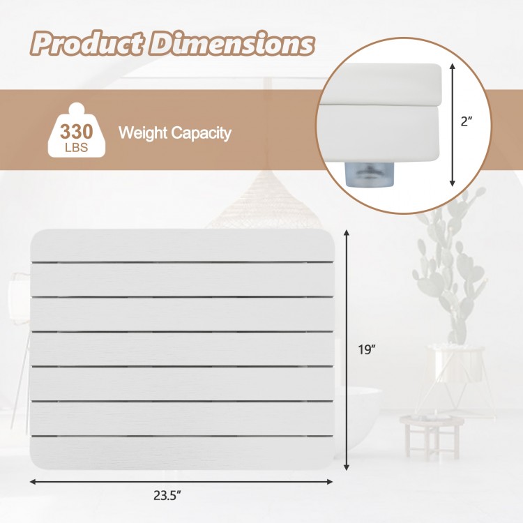 Dimensions of the waterproof HIPS bath spa shower mat in white, featuring a 330 lbs capacity and slatted design for.