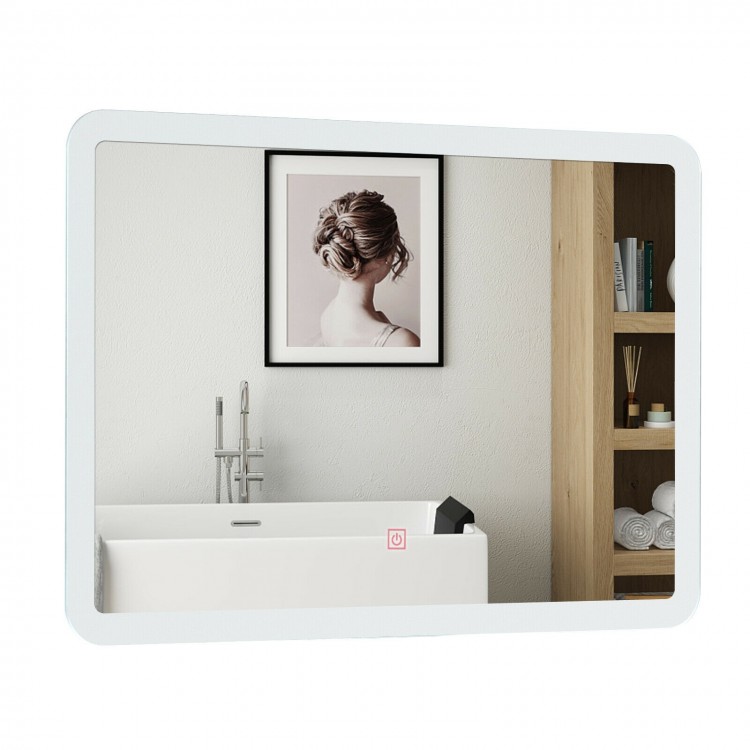 LED wall-mounted bathroom mirror with rounded arc corners, featuring touch control and energy-saving LED lights.