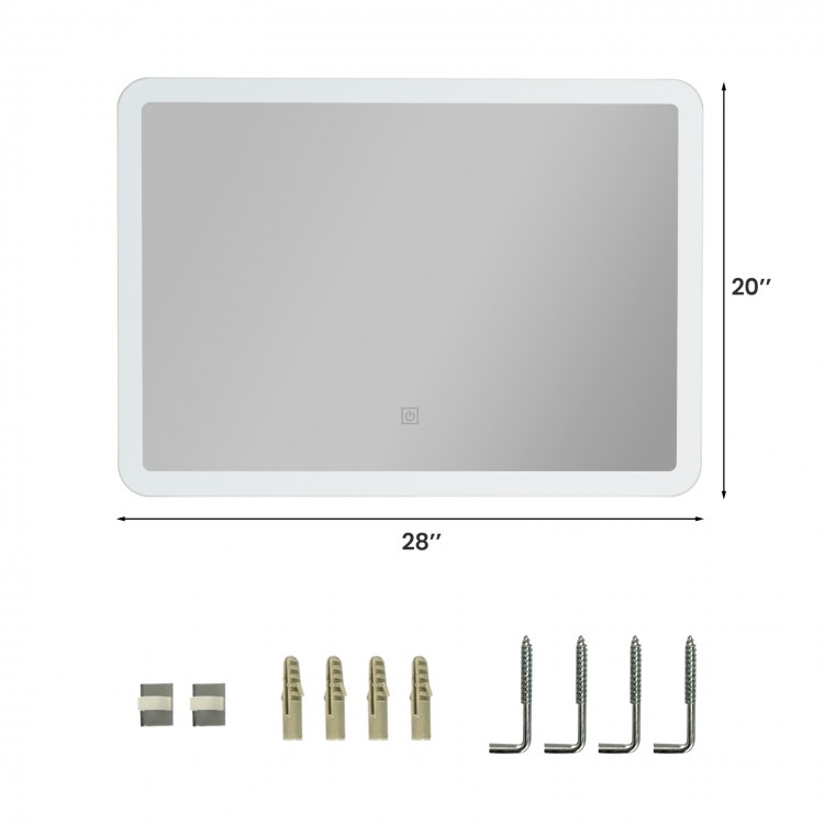 LED wall-mounted bathroom mirror with rounded arc corners, 28"x20", featuring touch control and energy-saving LED.
