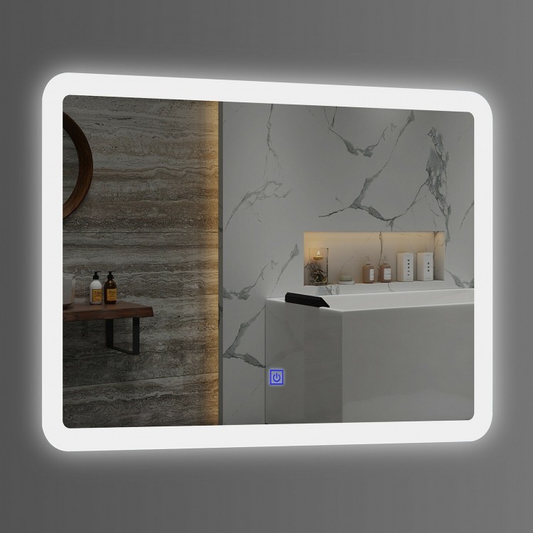 LED wall-mounted bathroom mirror with rounded arc corners and touch control, featuring energy-saving LED lighting.