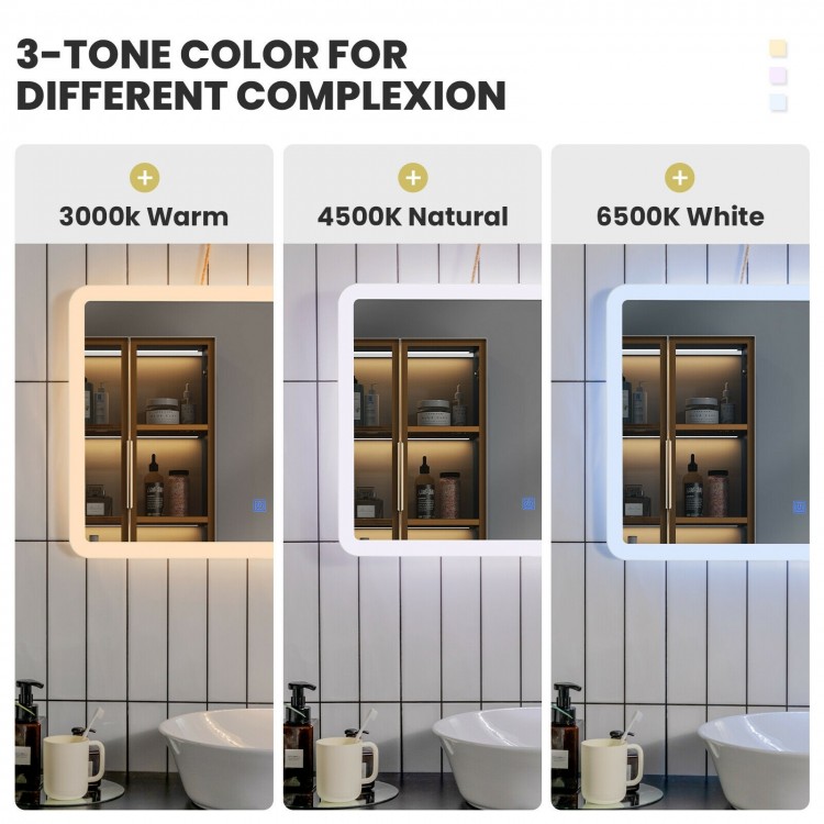 LED wall-mounted bathroom mirror with rounded arc corners, featuring 3-tone color options for different complexions.