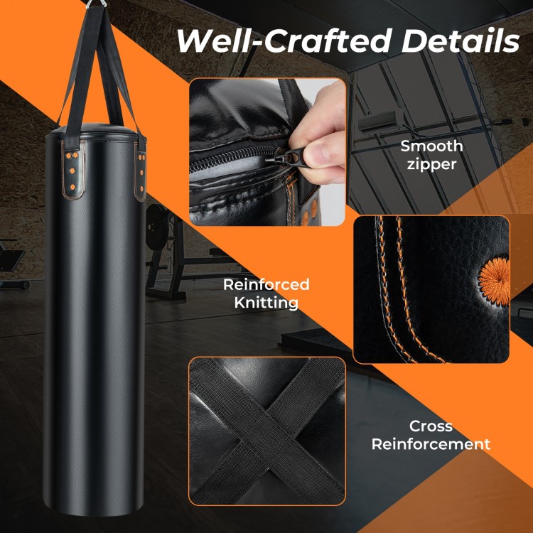 Detail view of the 4-in-1 hanging punching bag showcasing smooth zipper, reinforced knitting, and cross reinforcement.