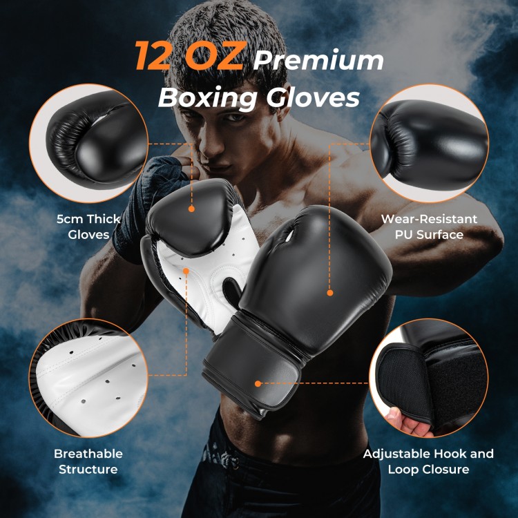 12 oz premium boxing gloves with adjustable hook and loop closure, featuring a wear-resistant PU surface for durability.