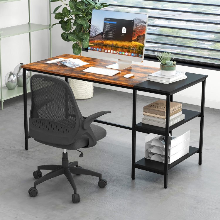 Modern industrial style 55-inch writing desk in brown with two storage shelves, ideal for studying or gaming.