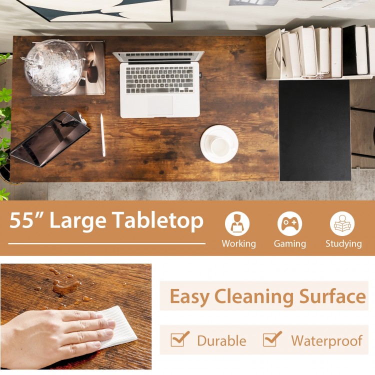 55-inch brown study writing desk with removable shelf, durable waterproof surface, ideal for working, gaming, or.