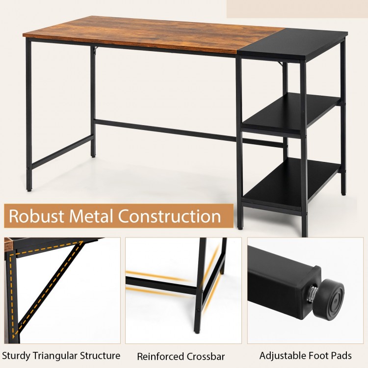 55-inch modern industrial style writing desk with brown finish, featuring robust metal construction and two storage.