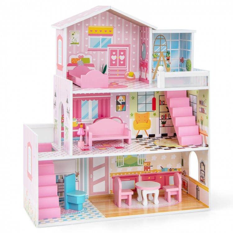 Colorful 3-story wooden dollhouse playset in pink with 5 rooms and 10 movable furniture pieces for imaginative play.