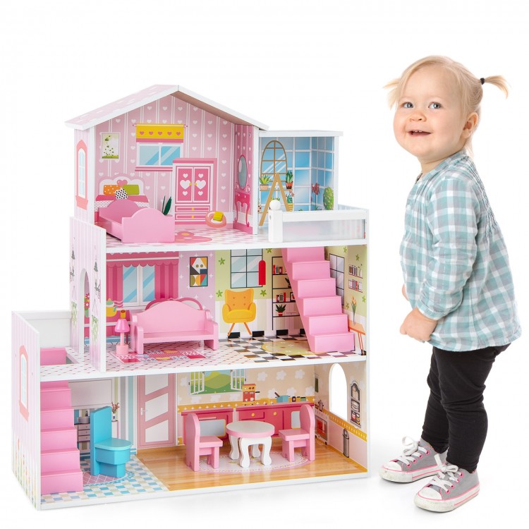 Kids wooden dollhouse playset in pink with 5 rooms and 10 furniture pieces, perfect for imaginative play and.