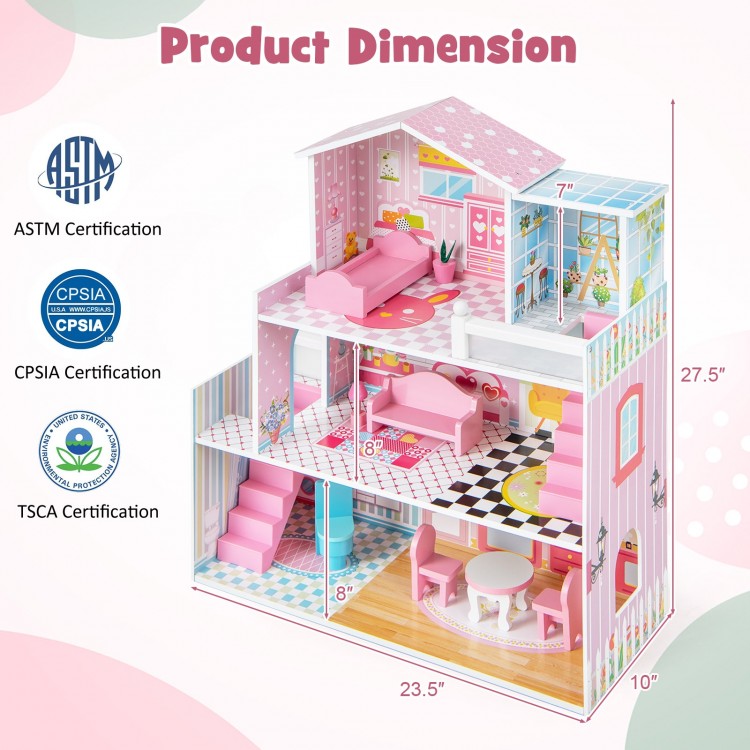 3-story pink wooden dollhouse playset with 5 rooms and 10 furniture pieces for imaginative play and creativity.