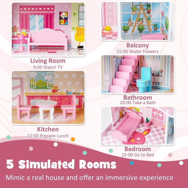 Kids wooden dollhouse playset featuring 5 simulated rooms and movable furniture in pink, ideal for imaginative play.