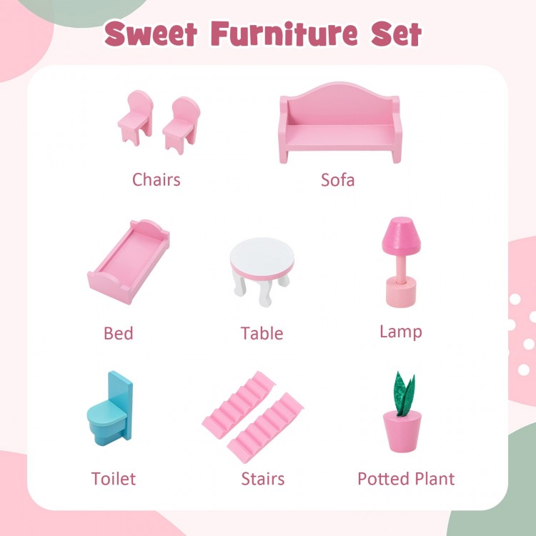 Colorful kids' wooden dollhouse furniture set including a pink sofa, chairs, bed, table, lamp, and more for imaginative.