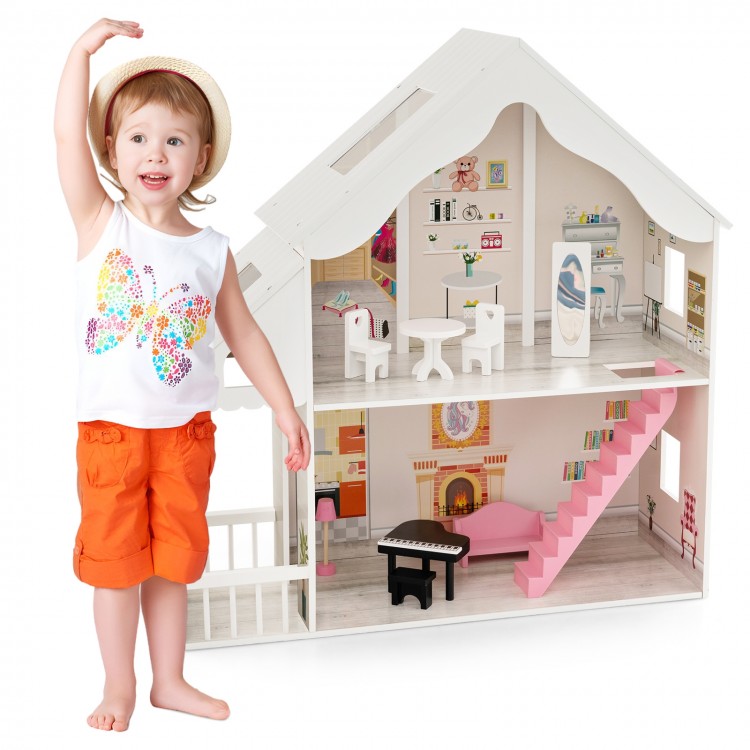 Semi-open DIY dollhouse with simulated rooms, mini furniture, and a child playing beside it for imaginative play.
