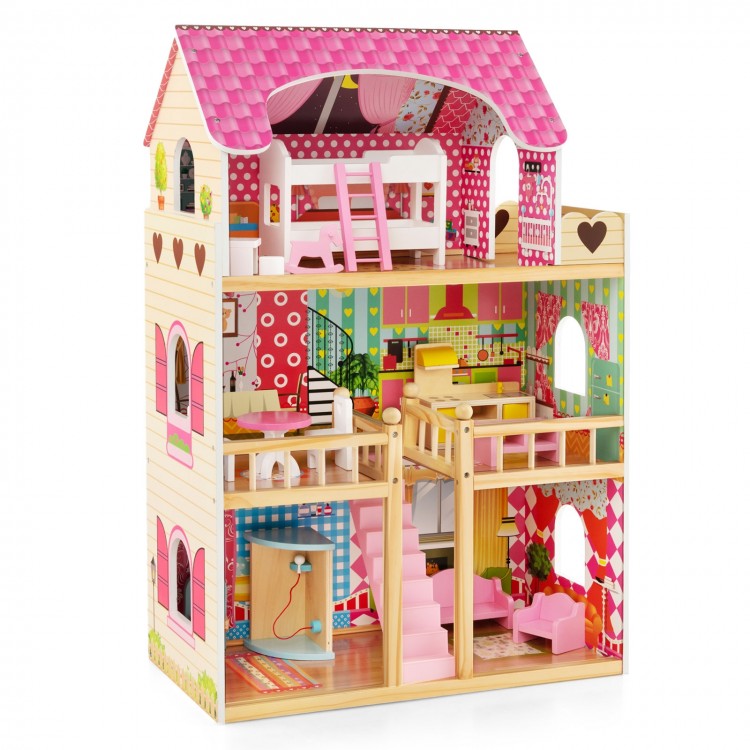 Doll House Playset with 3 Stories and 6 Simulated Rooms and 15 Pieces of Furniture - Gallery View 1 of 10