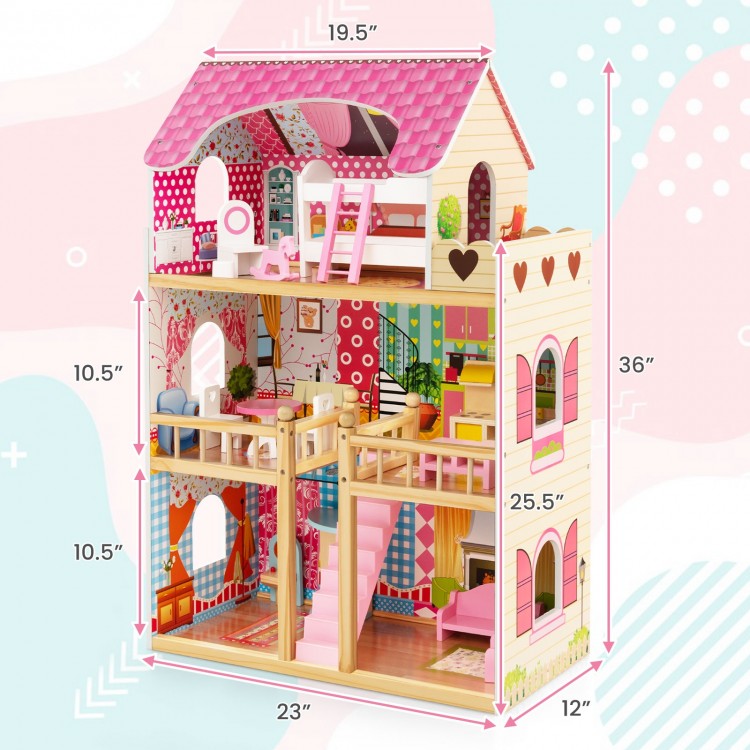 Three-story pink dollhouse playset with 6 rooms and 15 furniture pieces, designed for kids over 3 years old.