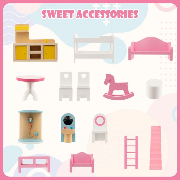 Colorful dollhouse furniture accessories including a rocking horse, sofa, and dining table for imaginative play.