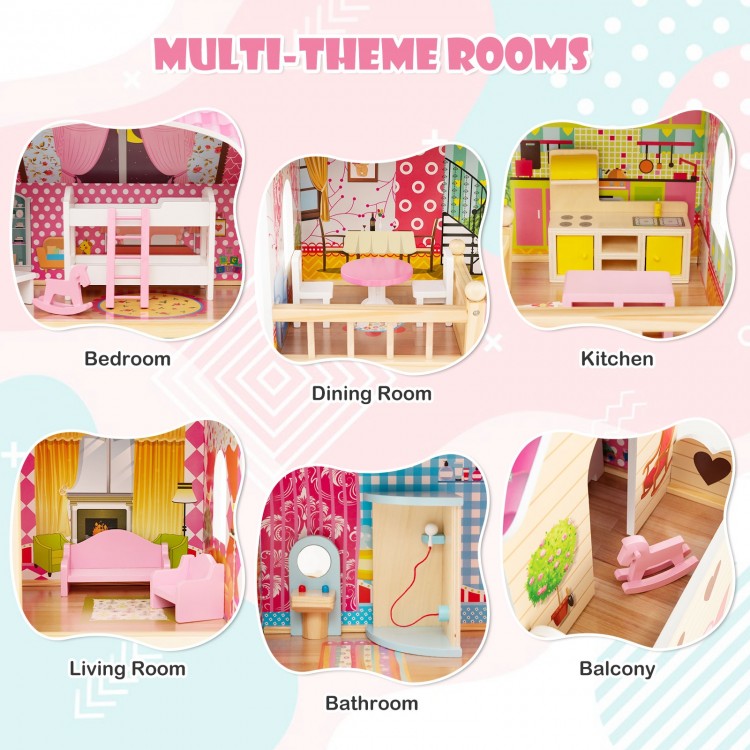 Doll house playset featuring six themed rooms and 15 furniture pieces, designed for imaginative play and safety.