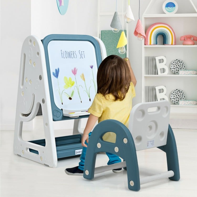 Kids 2-in-1 easel desk chair set in blue, featuring a magnetic dry erase board and book rack for creative learning.