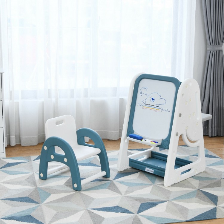 Kids 2-in-1 easel desk chair set in blue with adjustable art board and book rack for creative learning and storage.
