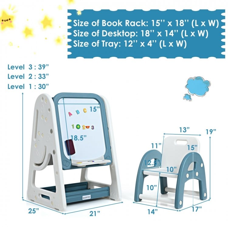Kids easel desk chair set in blue with adjustable height, magnetic dry erase board, and spacious book rack for creative.