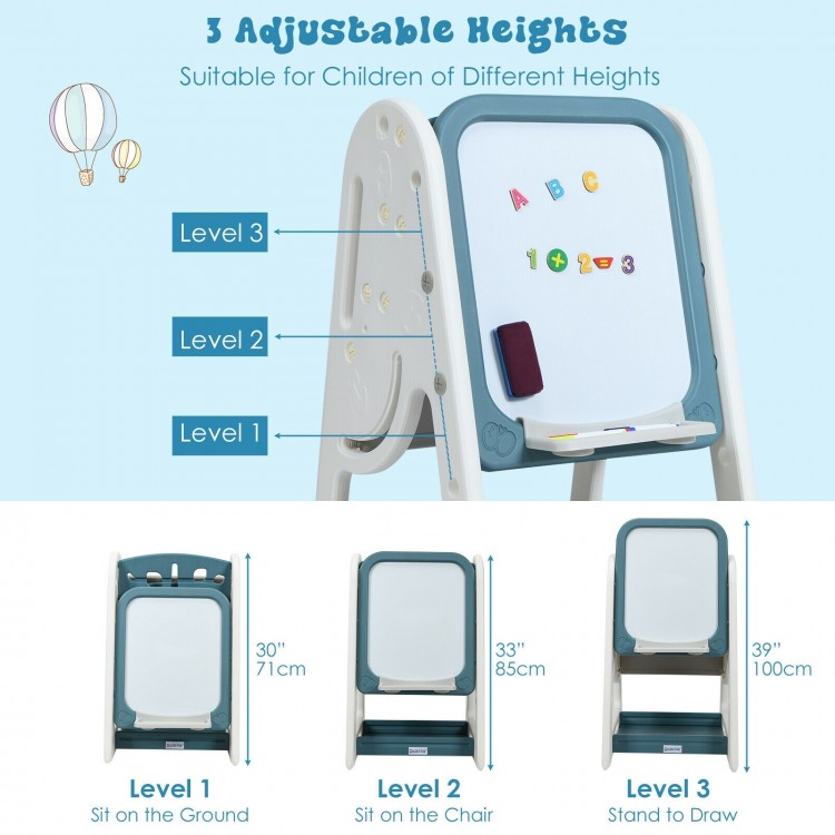 Kids easel desk chair set in blue with adjustable heights, featuring a magnetic dry erase board and book rack for.