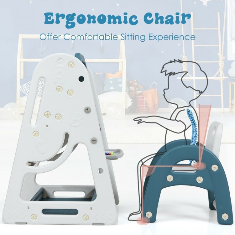 Ergonomic kids chair in blue, designed for comfort, adjustable for different heights, perfect for art and reading.