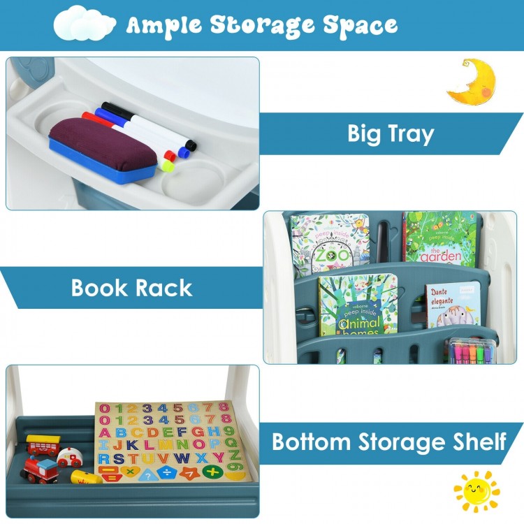 Kids easel desk chair set in blue with book rack, large tray, and bottom storage shelf for organized art and learning.