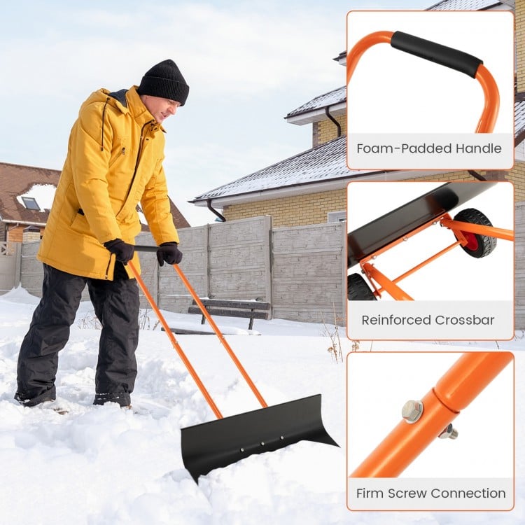 Snow shovel with wheels featuring a 30-inch wide blade, adjustable handle, and foam-padded grip for comfortable snow.