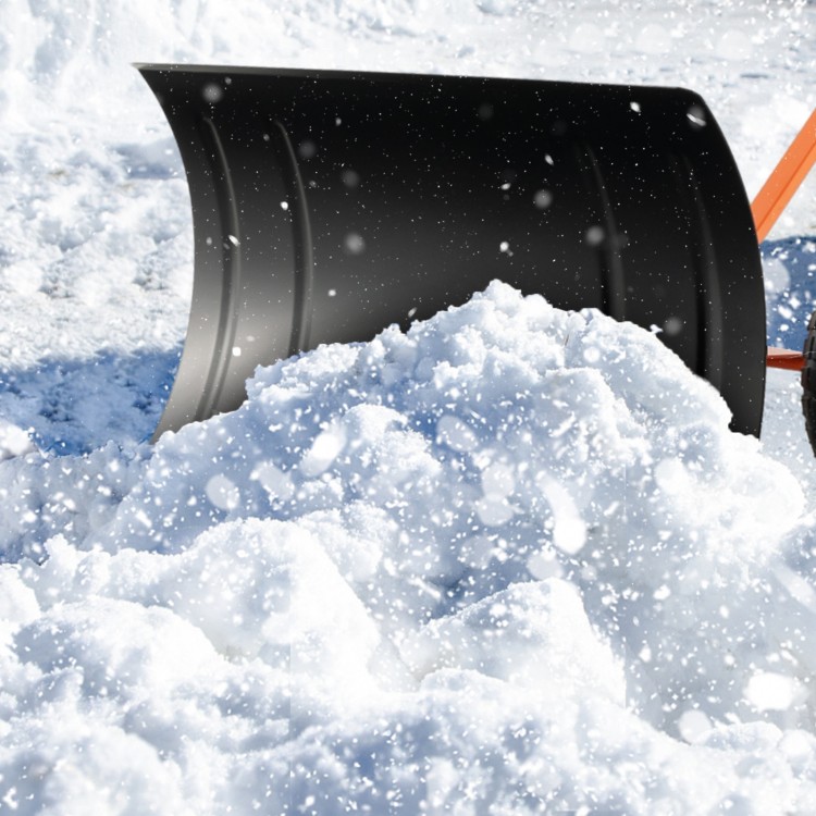 29-inch snow pusher with ergonomic handle and large wheels, designed for efficient snow removal on driveways.