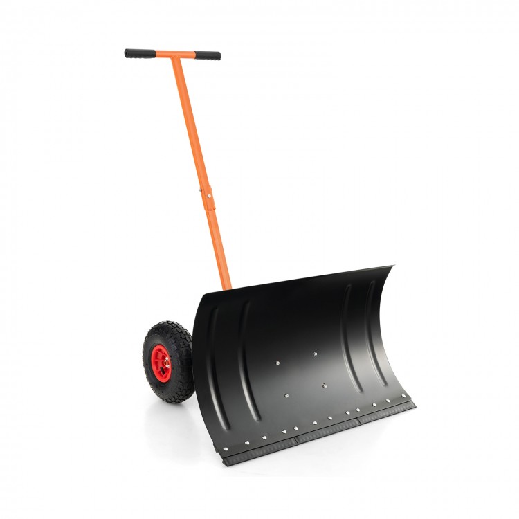 29-inch snow pusher with large wheels, adjustable height, and ergonomic handle for efficient driveway snow removal.