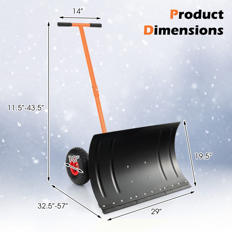 29-inch snow pusher with adjustable height, large wheels, and ergonomic handle for efficient snow removal on driveways.