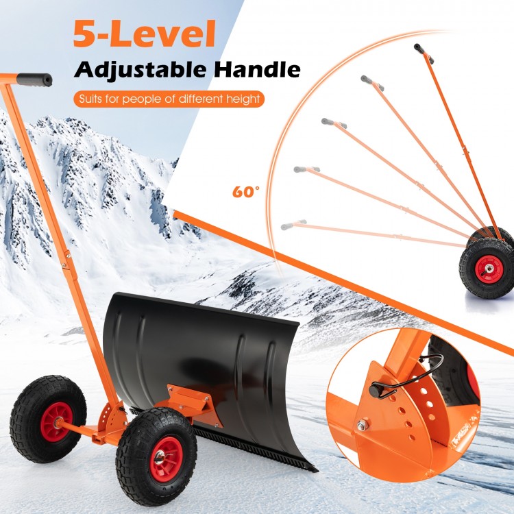 29-inch snow pusher with adjustable handle, large wheels, and ergonomic grip for efficient driveway snow removal.
