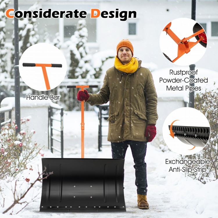 29-inch snow pusher with ergonomic handlebar and rustproof metal pipes, ideal for efficient driveway snow removal.