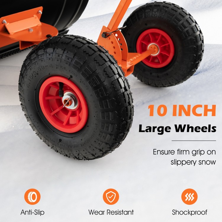10-inch large wheels of the 29-inch snow pusher ensure secure maneuverability on slippery snow surfaces.